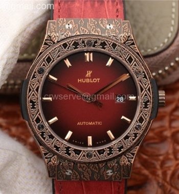 Classic Fusion 45mm RG Engravings Case SRF Red Dial Gummy Strap A2892