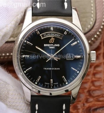 Breitling Transocean Day & Date Automatic SS Black Dial Black Leather Strap A2836