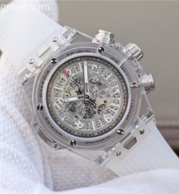 Size: 45mm x 14mm Movement: Japanese miyota chronograph movement Functions: Hours, minutes, sub seconds, date display; chronograph Case: Transparent plastic case Crystal: Scratch-proof sapphire crystal Dial: Skeleton dial Bezel: Transparent plastic bezel Strap: White rubber strap Clasp: Deployant clasp