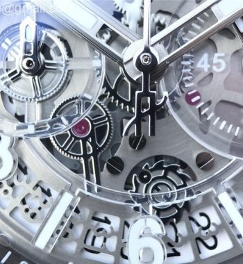 Size: 45mm x 14mm Movement: Japanese miyota chronograph movement Functions: Hours, minutes, sub seconds, date display; chronograph Case: Transparent plastic case Crystal: Scratch-proof sapphire crystal Dial: Skeleton dial Bezel: Transparent plastic bezel Strap: White rubber strap Clasp: Deployant clasp