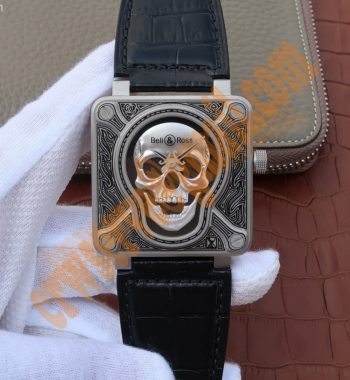 BR01 Burning Skull Tattoo Watch Silver Dial Black Leather Strap MIYOTA 9015