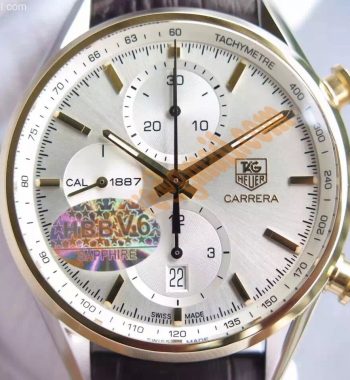 Carrera CAL1887 Chronograph YG V6 White Dial YG Markers Leather Strap
