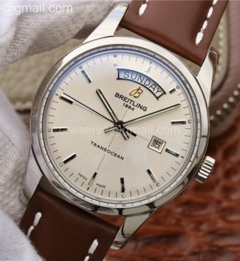 Breitling Transocean Day & Date Automatic White Dial Brown Leather Strap A2836