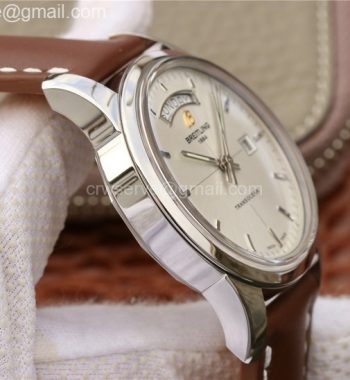 Breitling Transocean Day & Date Automatic White Dial Brown Leather Strap A2836