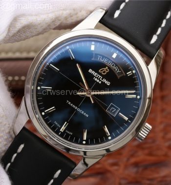 Breitling Transocean Day & Date Automatic SS Black Dial Black Leather Strap A2836