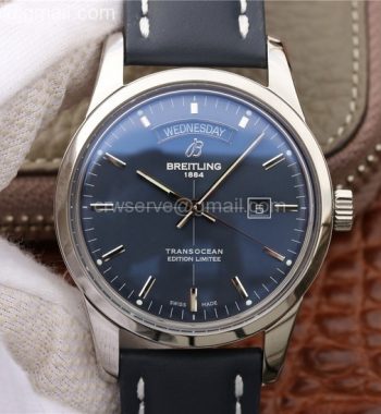 Breitling Transocean Day & Date Automatic SS Blue Dial Blue Leather Strap A2836