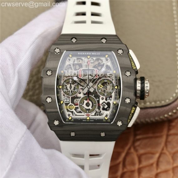 RM011 Carbon Case Chrono KVF Edition Crystal Skeleton Yellow Dial White Racing Rubber Strap A7750