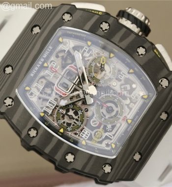 RM011 Carbon Case Chrono KVF Edition Crystal Skeleton Yellow Dial White Racing Rubber Strap A7750
