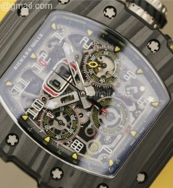 RM011 Carbon Case Chrono KVF Edition Crystal Skeleton Yellow Dial Yellow Racing Rubber Strap A7750