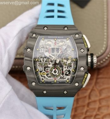 RM011 Carbon Case Chrono KVF Edition Crystal Skeleton Yellow Dial Blue Racing Rubber Strap A7750