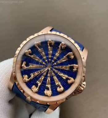 Excalibur Knights of the Round Table II RG ZZF Blue/Gold Crystal Dial Black Leather Strap MIYOTA 8215