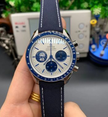 Speedmaster SS Blue Snoopy OMF White Dial Blue Leather Strap Manual Winding Chrono Movement