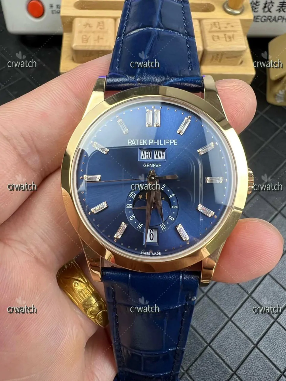 Annual Calendar Moonphase 5396 RG PPF Blue Crystal Dial Blue Leather Strap A324