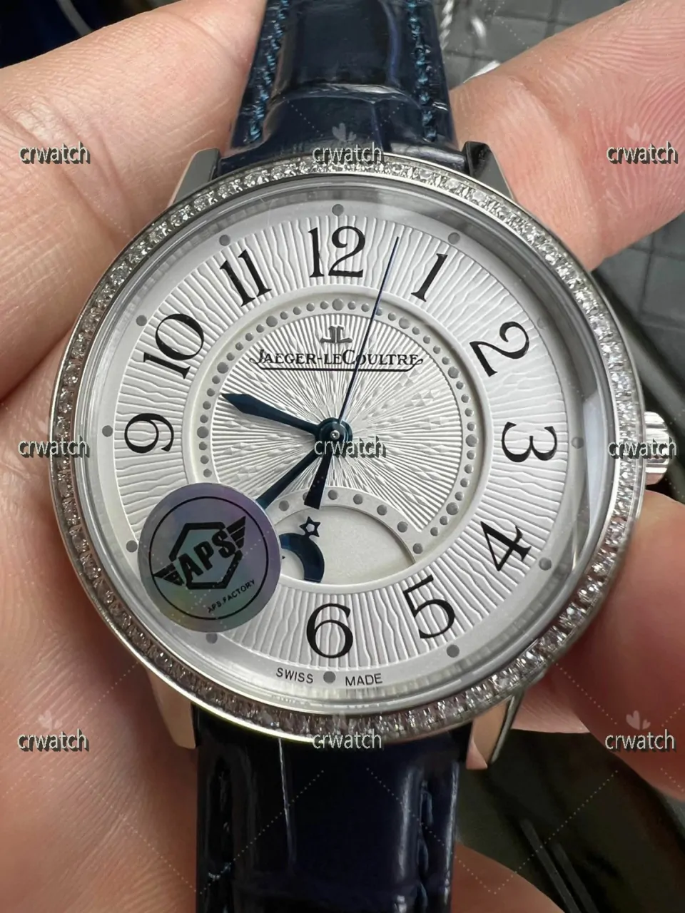 Rendez-Vous Night & Day 34mm SS Diamonds Bezel APS Edition White Textured Dial Blue Leather Strap Super clone 898