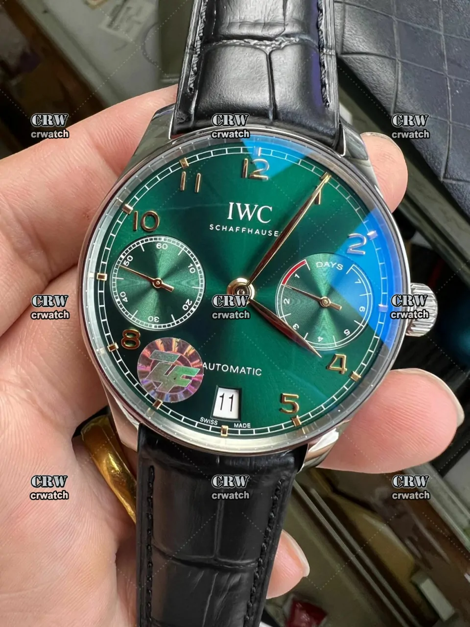 Portuguese Real PR IW500708 ZF V5 Edition Green Dial Rose Gold Markers Black Leather Strap A52010